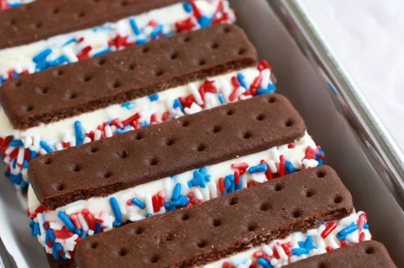 Patriotic mini ice cream sandwiches with red, white, and blue colors