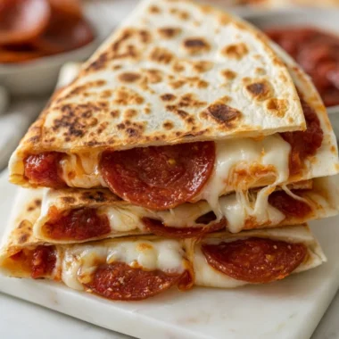Delicious pepperoni pizza quesadilla served with dipping sauce