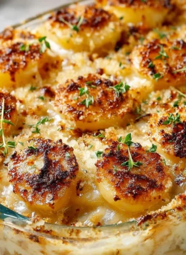 Creamy pour-over casserole with potatoes, perfect for winter supper.