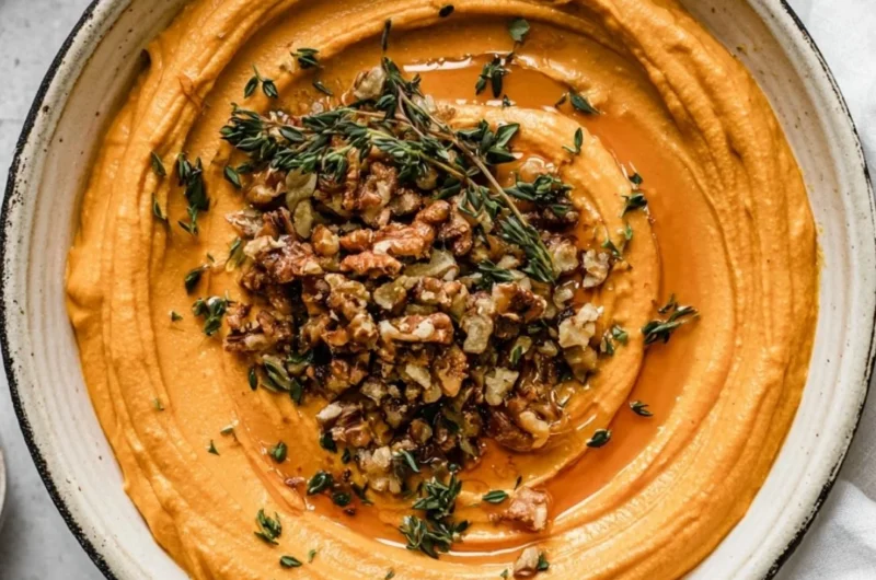 Creamy Pumpkin Whipped Feta garnished with herbs