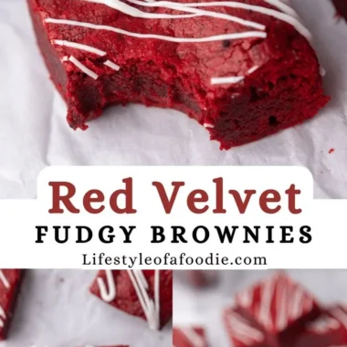 Decadent Red Velvet Brownies topped with cream cheese frosting