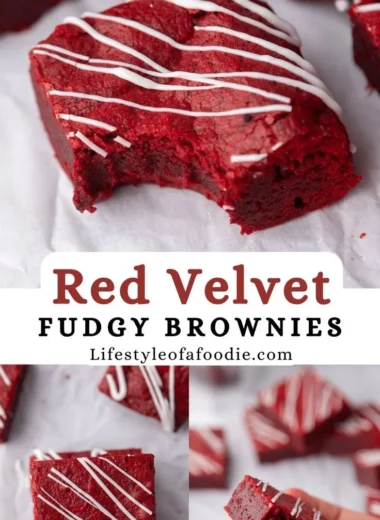 Decadent Red Velvet Brownies topped with cream cheese frosting