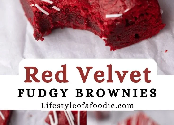 Decadent Red Velvet Brownies topped with cream cheese frosting