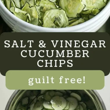 Bowl of homemade salt and vinegar cucumber chips on a wooden table