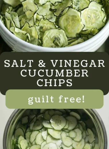 Bowl of homemade salt and vinegar cucumber chips on a wooden table