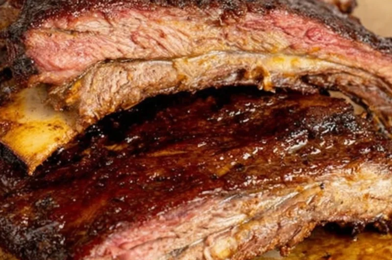 Smoky tender beef ribs on a barbecue grill, ready to serve.