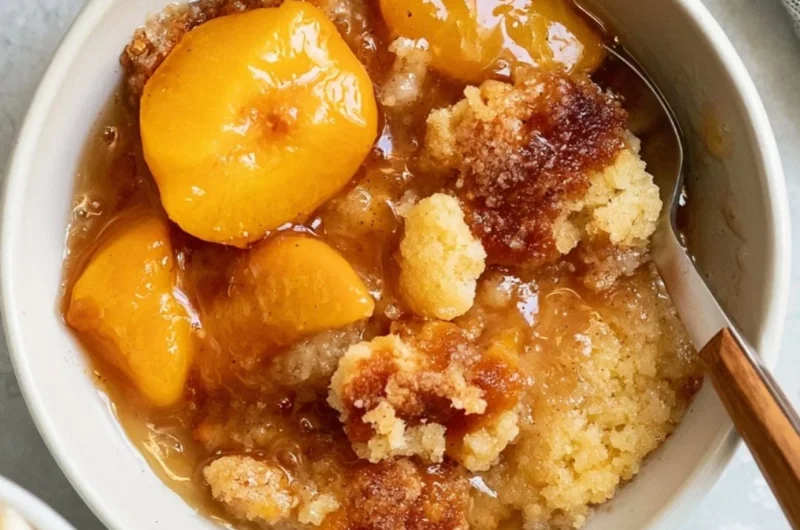 Delicious Southern peach cobbler dessert served warm with ice cream