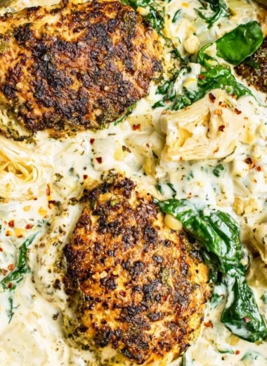 Delicious Spinach Artichoke Chicken Skillet served in a cast iron pan