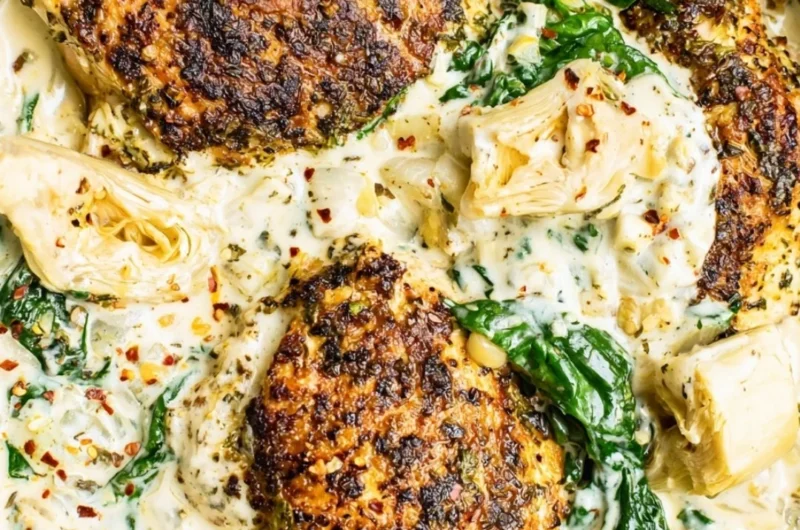 Delicious Spinach Artichoke Chicken Skillet served in a cast iron pan