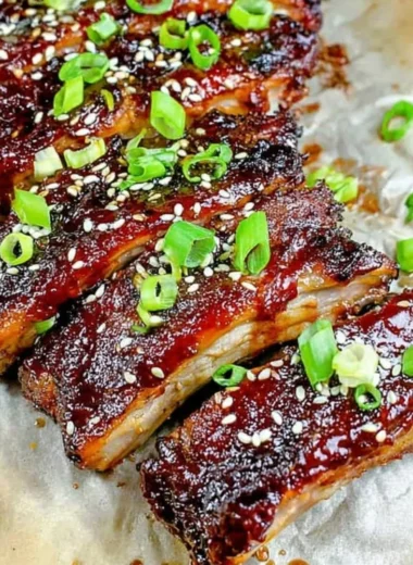 Delicious Sticky Asian Ribs glistening with a flavorful glaze