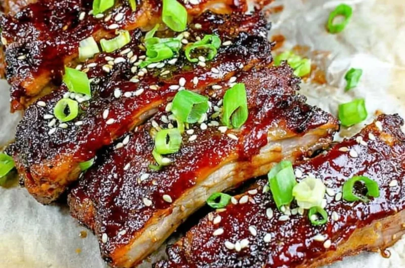 Delicious Sticky Asian Ribs glistening with a flavorful glaze
