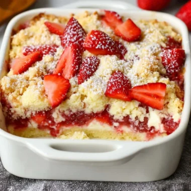 Homemade Strawberry Cheesecake Dump Cake topped with fresh strawberries