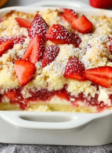 Homemade Strawberry Cheesecake Dump Cake topped with fresh strawberries
