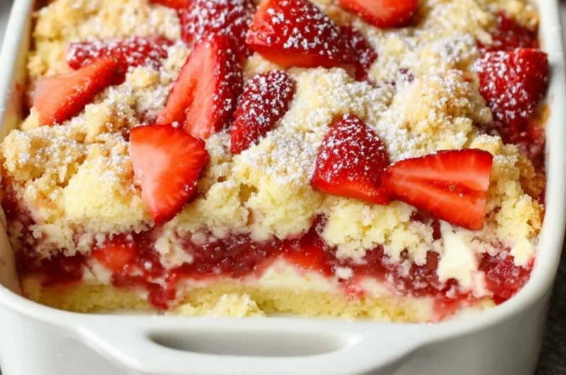 Homemade Strawberry Cheesecake Dump Cake topped with fresh strawberries