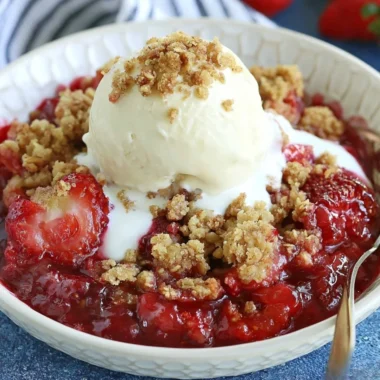 Delicious homemade strawberry crisp dessert served in a bowl