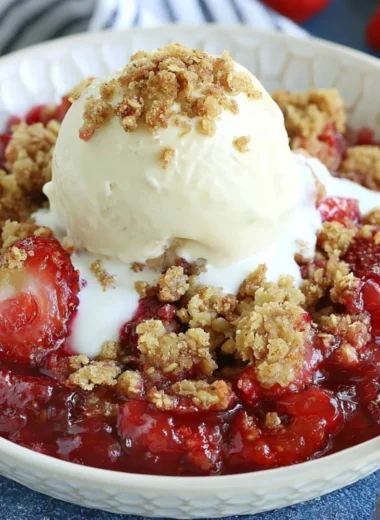 Delicious homemade strawberry crisp dessert served in a bowl