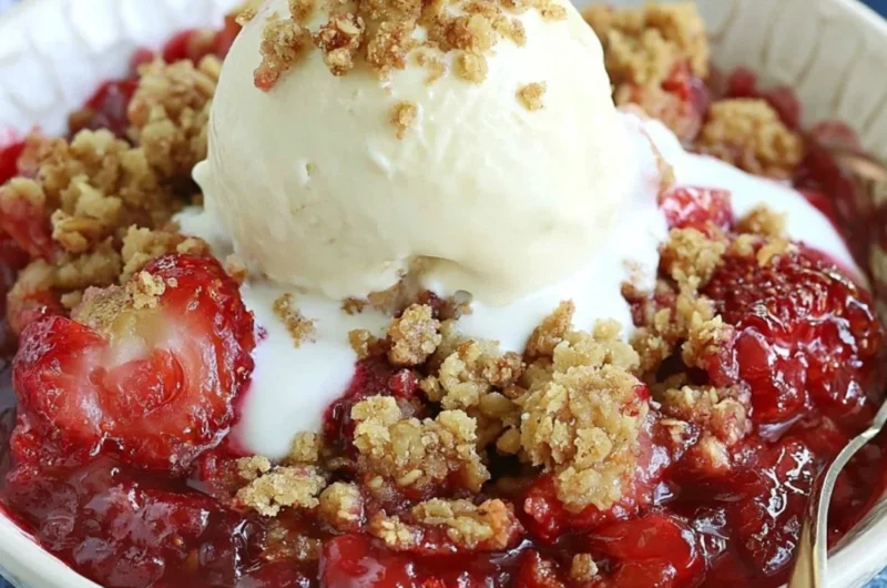Delicious homemade strawberry crisp dessert served in a bowl