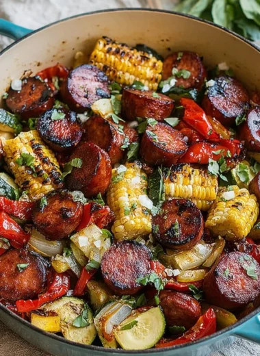 Delicious Summer Sausage Skillet served with vegetables and herbs