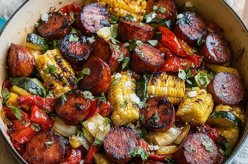 Delicious Summer Sausage Skillet served with vegetables and herbs