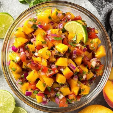 Sweet and spicy peach salsa with fresh ingredients in a bowl