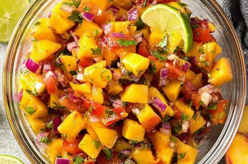Sweet and spicy peach salsa with fresh ingredients in a bowl
