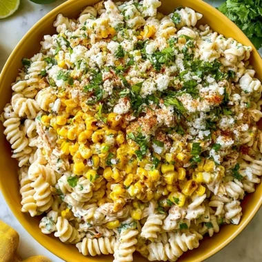 Delicious elote pasta salad with Greek yogurt served in a bowl