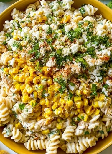 Delicious elote pasta salad with Greek yogurt served in a bowl