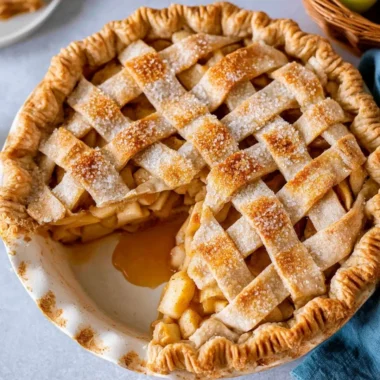 Cozy classic apple pie fresh out of the oven, golden crust and warm filling.