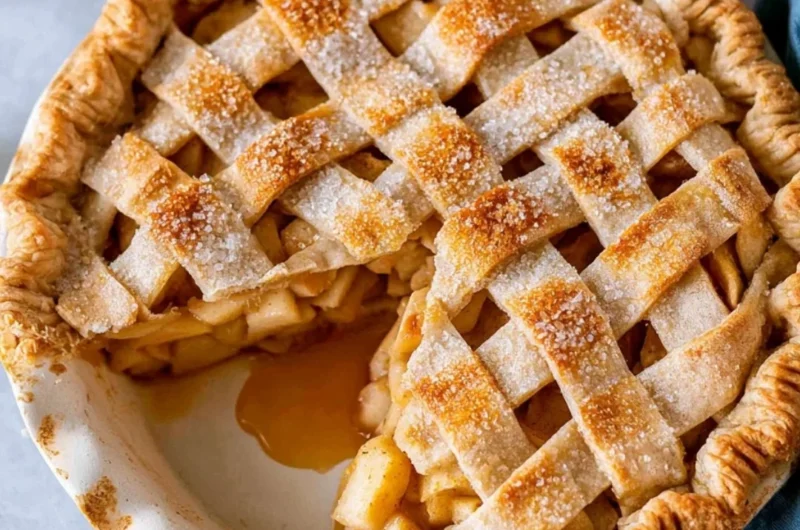 Cozy classic apple pie fresh out of the oven, golden crust and warm filling.