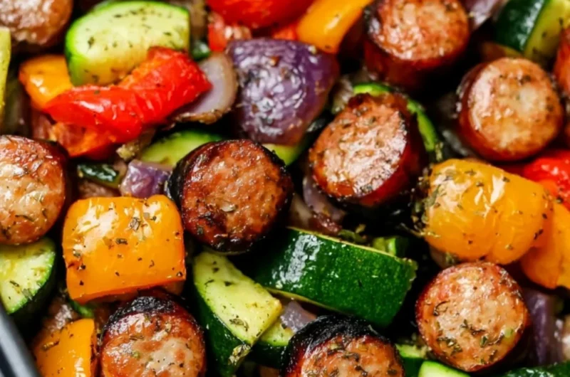 Plate of air fryer chicken sausage and assorted veggies cooked to perfection