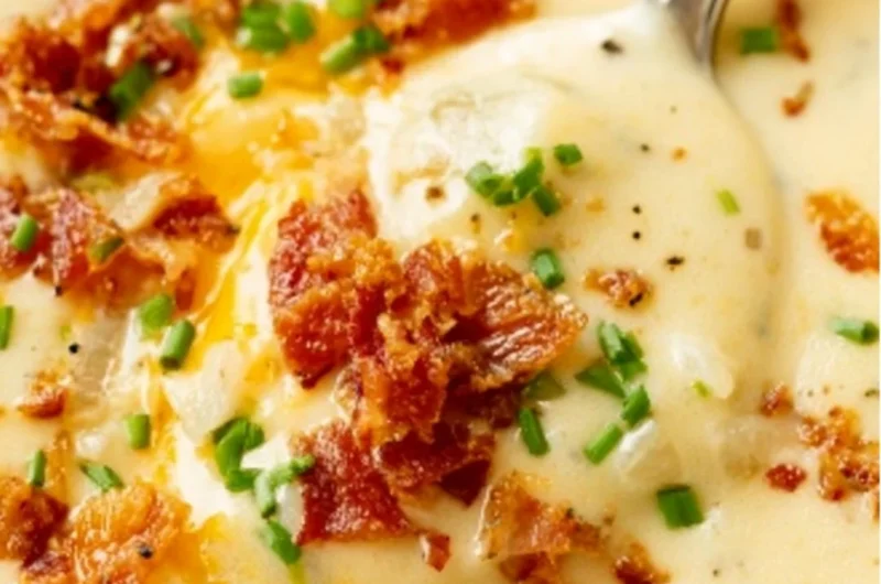Delicious bowl of creamy baked potato soup topped with cheese and chives