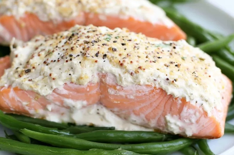 Baked salmon with a delicious sour cream crust, garnished and plated for serving.