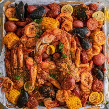 Delicious Cajun Seafood Boil featuring shrimp, crab, and savory spices.