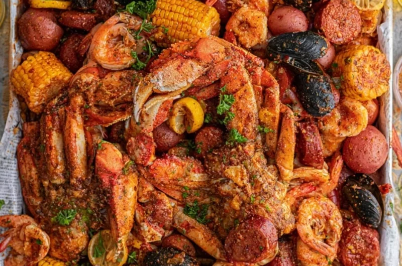 Delicious Cajun Seafood Boil featuring shrimp, crab, and savory spices.