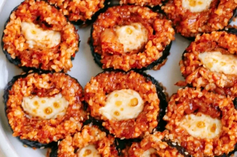 Delicious Cheese Kimchi Kimbap rolled with rice, cheese, and spicy kimchi