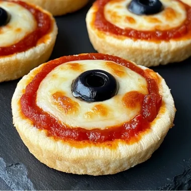 Cozy eyeball pizzas made on English muffins with mozzarella and olives