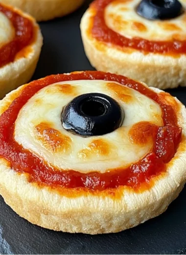 Cozy eyeball pizzas made on English muffins with mozzarella and olives