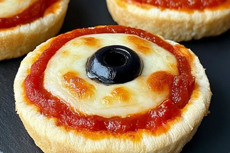 Cozy eyeball pizzas made on English muffins with mozzarella and olives
