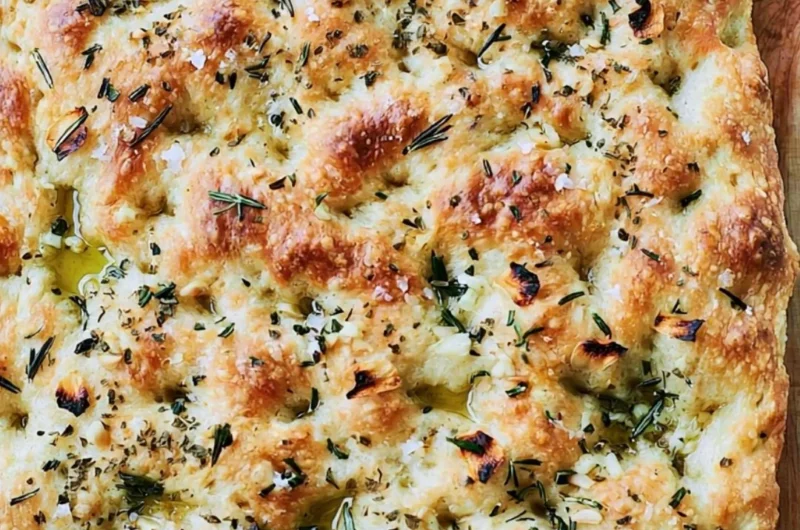 Delicious garlic rosemary focaccia bread garnished with fresh herbs.