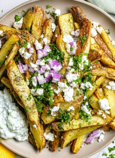 Delicious Greek fries served with herbs and spices, perfect for any meal.