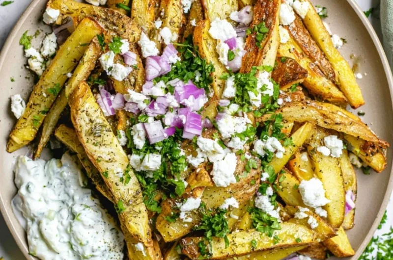 Delicious Greek fries served with herbs and spices, perfect for any meal.