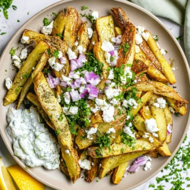 Delicious Greek fries topped with herbs and spices, served in a cozy setting.