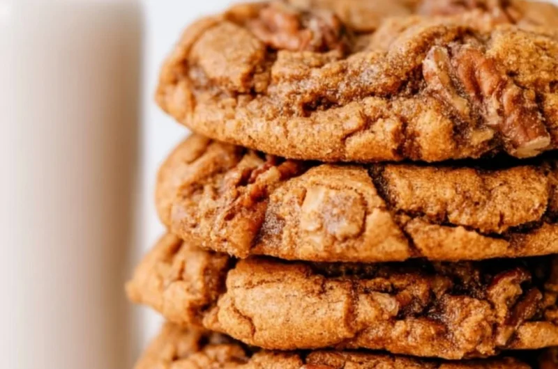 Cozy maple pecan cookies fresh out of the oven on a rustic wooden table.