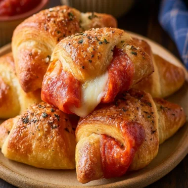 Cozy pepperoni pizza crescent rolls ready to bake, topped with cheese and pepperoni.