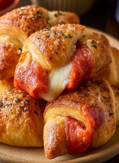 Cozy pepperoni pizza crescent rolls ready to bake, topped with cheese and pepperoni.