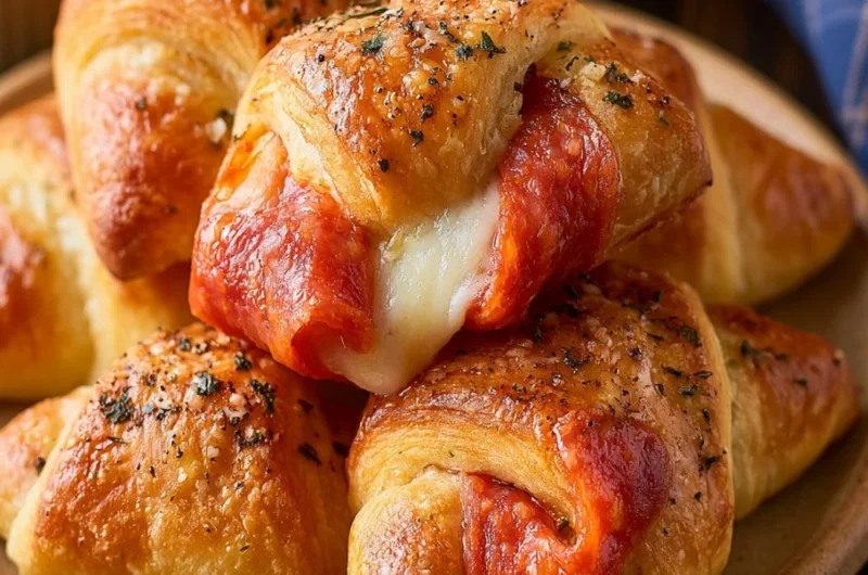 Cozy pepperoni pizza crescent rolls ready to bake, topped with cheese and pepperoni.