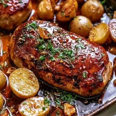 Sheet pan pork chops and potatoes ready to be served