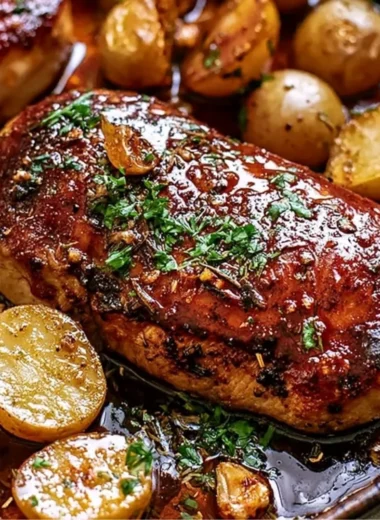 Sheet pan pork chops and potatoes ready to be served