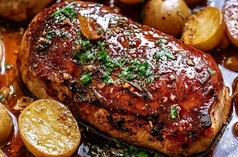 Sheet pan pork chops and potatoes ready to be served
