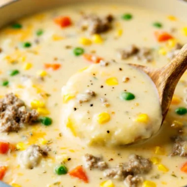 Bowl of cozy Shepherd's Pie Soup topped with herbs and served with crusty bread